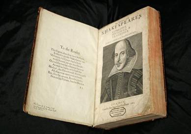 open copy of Shakespeare's first folio - missing his lost plays
