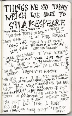 scribbled words in black ink on a note pad showing dozens of words and phrases Shakespeare coined