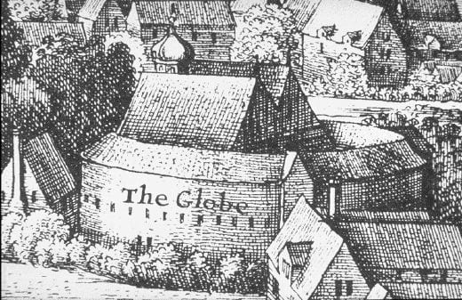 Etching of exterior view of The Globe Theatre