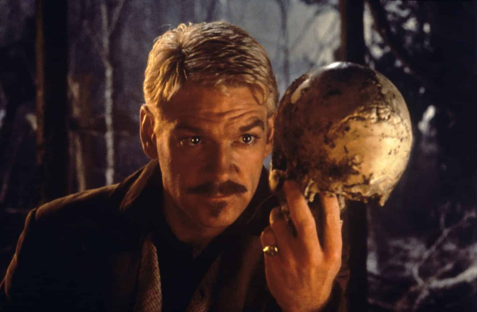 Hamlet holds up Yorick's skull in front of him, about to recite the 'Alas poor Yorick' line