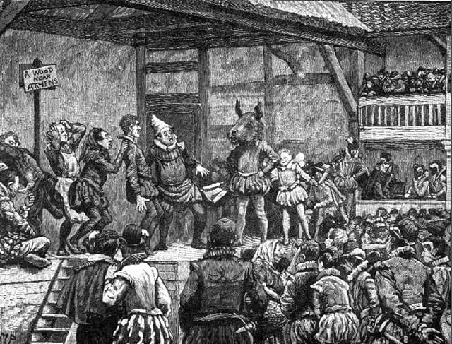 A drawing of a Jacobean theatre scnee, with actors on stage surrounded by a crowd
