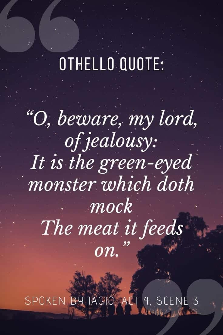 Othello quotes for pintrest image, on purple dusky background 