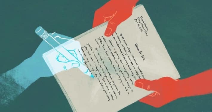 graphic of blue hand writing an essay on a sheet of paper, and two red hands holding the paper