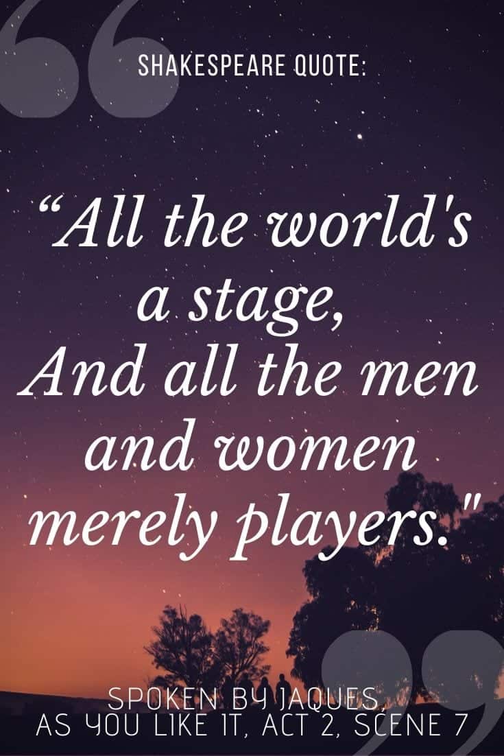 all the world's a stage as you like it quotes written on a dusky purple animated background