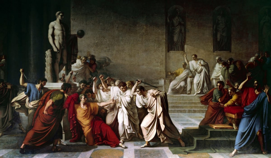 Caesar is set upon by senators wearing white on the ides of march, in a key part of the Julius Caesar summary
