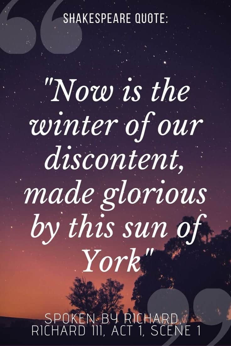 'now is the winter of our discontent' quote written on purple sunset background