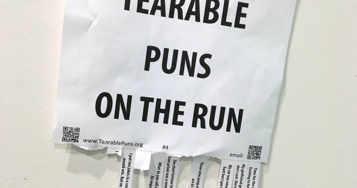 picture of sheet of A4 paper, with "tearable puns" written on it