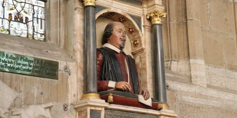 The Holy Trinity Bust of Shakespeare on wall of church