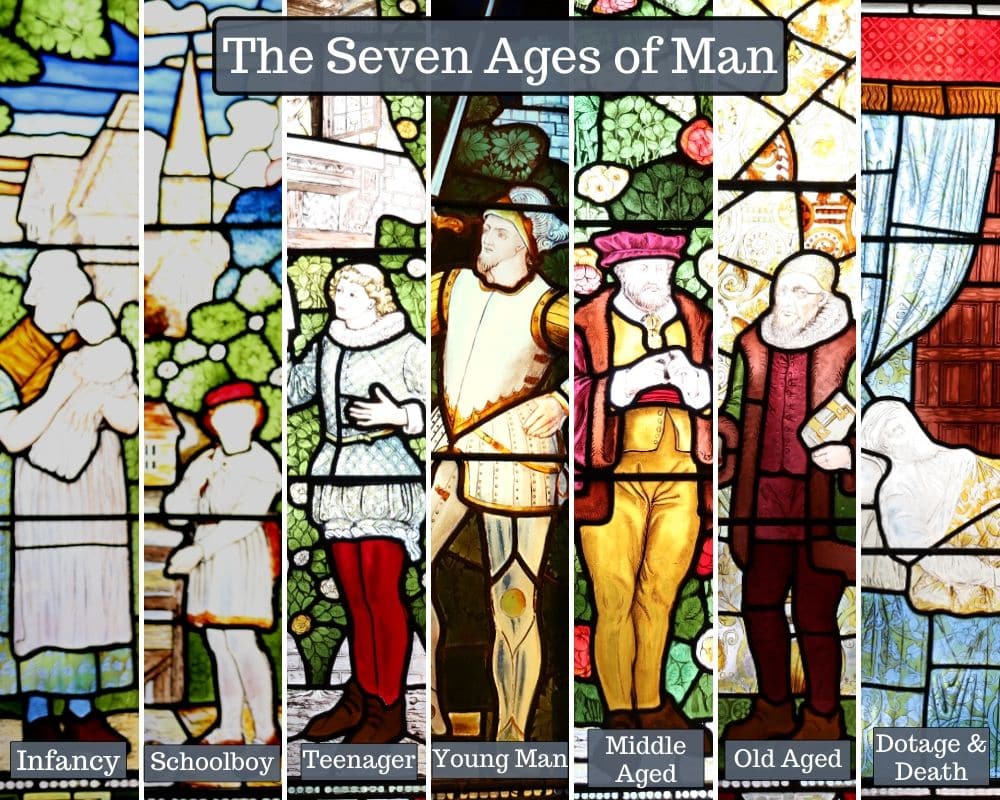 Images of each of the seven ages of man, taken from photos of stained glass windows in Shakespeare's Memorial Theatre
