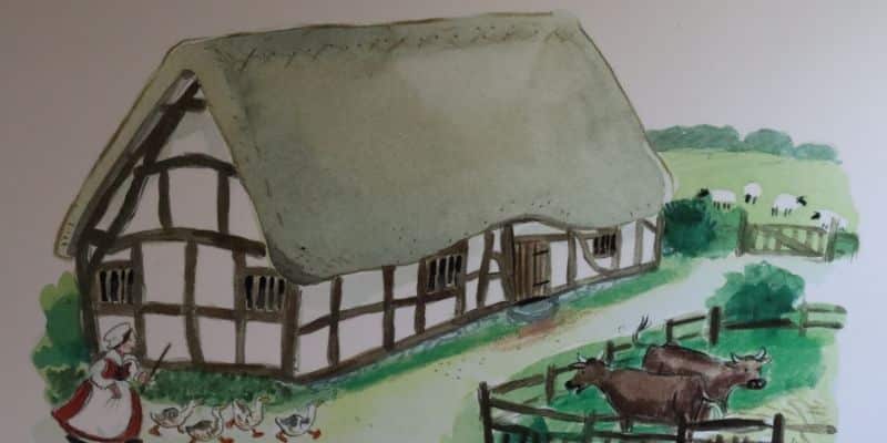 Artist drwaing of Anne Hathaway's cottage in 16th century - a small, single story thatched farmhouse with animals in garden