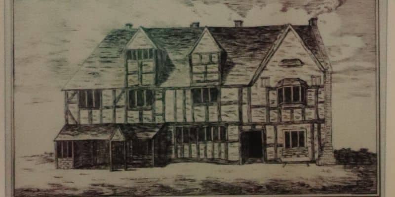 Earliest illustration of the Shakespeare Birthplace showing the tudor building with windows set into the roof, a gable and porch