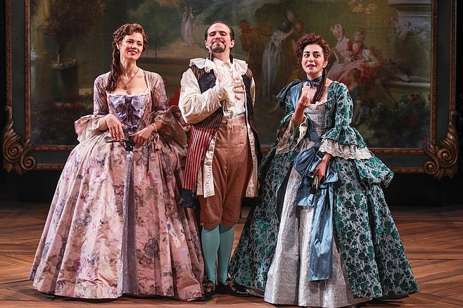 As You Like It characters, including Meredith Garretson as Rosalind, Vincent Randazzo as Touchstone, and Nikki Massoud as Celia