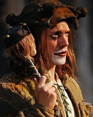 Feste played by Michael Milligan at Santa Cruz Shakespeare 2005. Photo by Steve DiBartolomeo.