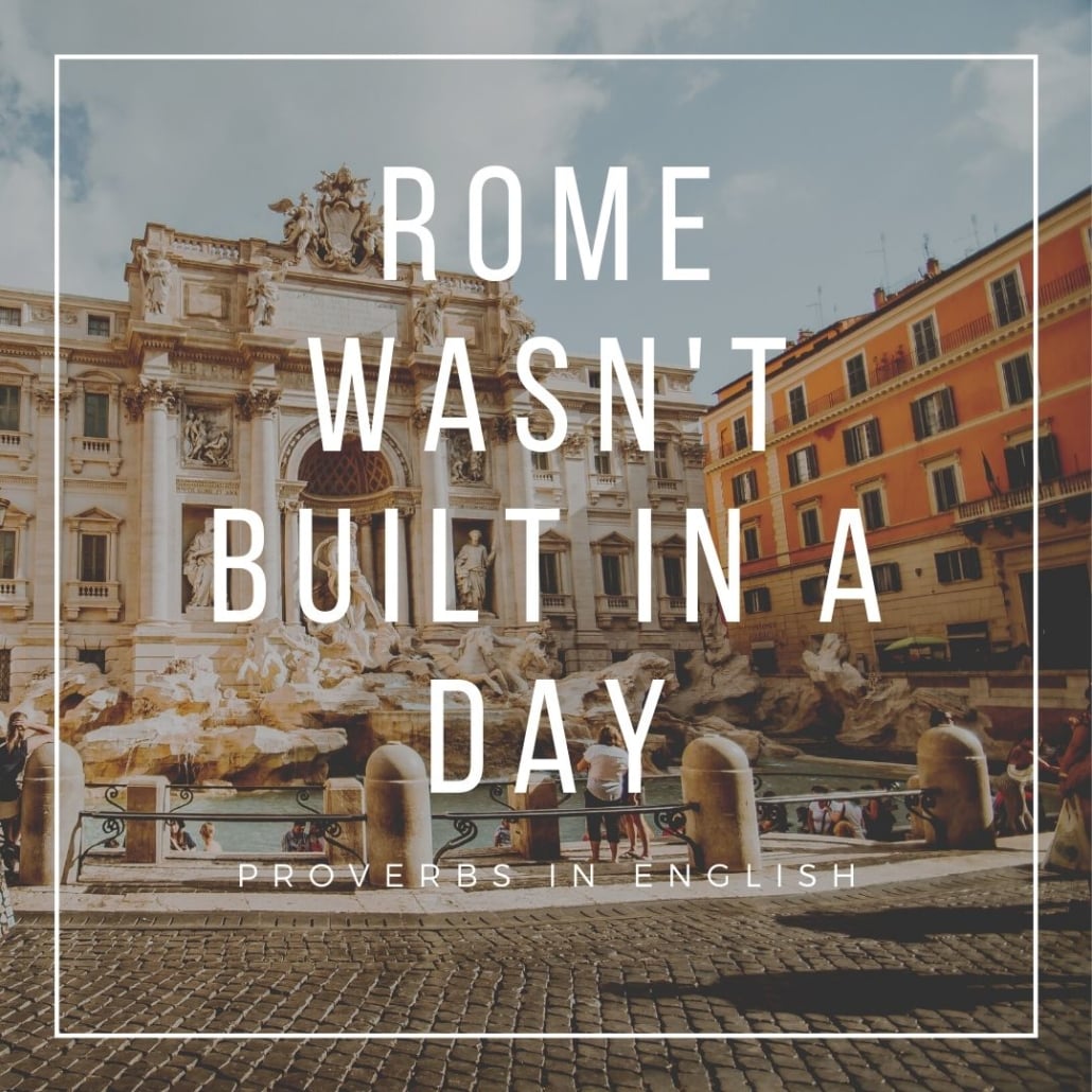 english proverbs - rome wasn't built in a day, on roman square background