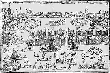 People celebrating on the frozen River Thames, not long after the Globe was built